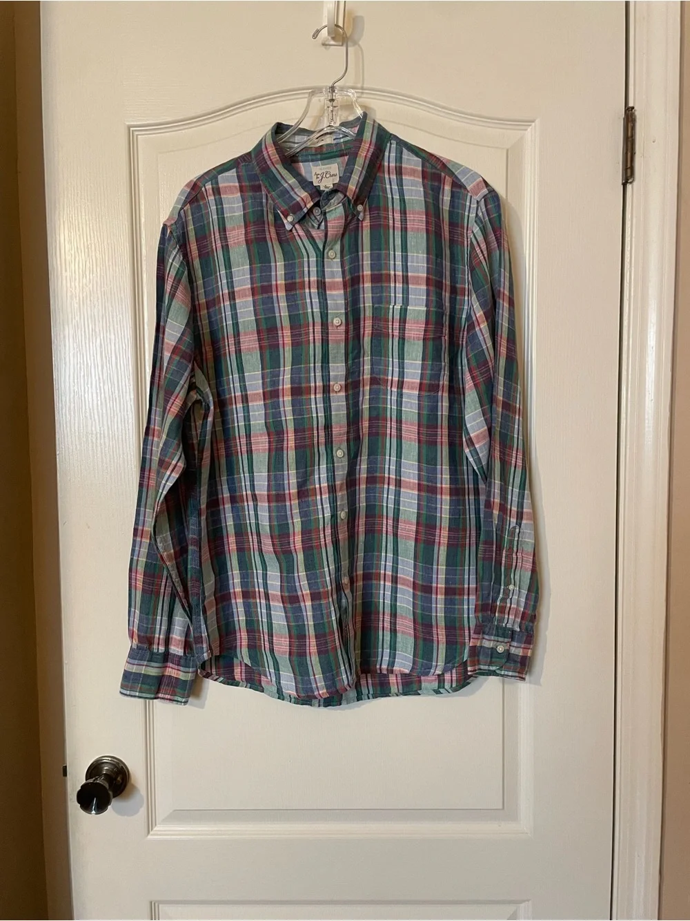 J.Crew Baird McNutt Irish Linen Madras Plaid Button Down Shirt Mens L Slim Fit